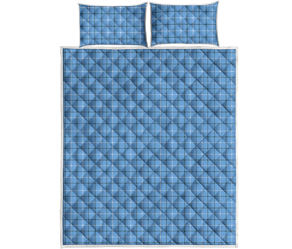 Solf Blue Tattersall Pattern Print Quilt Bed Set