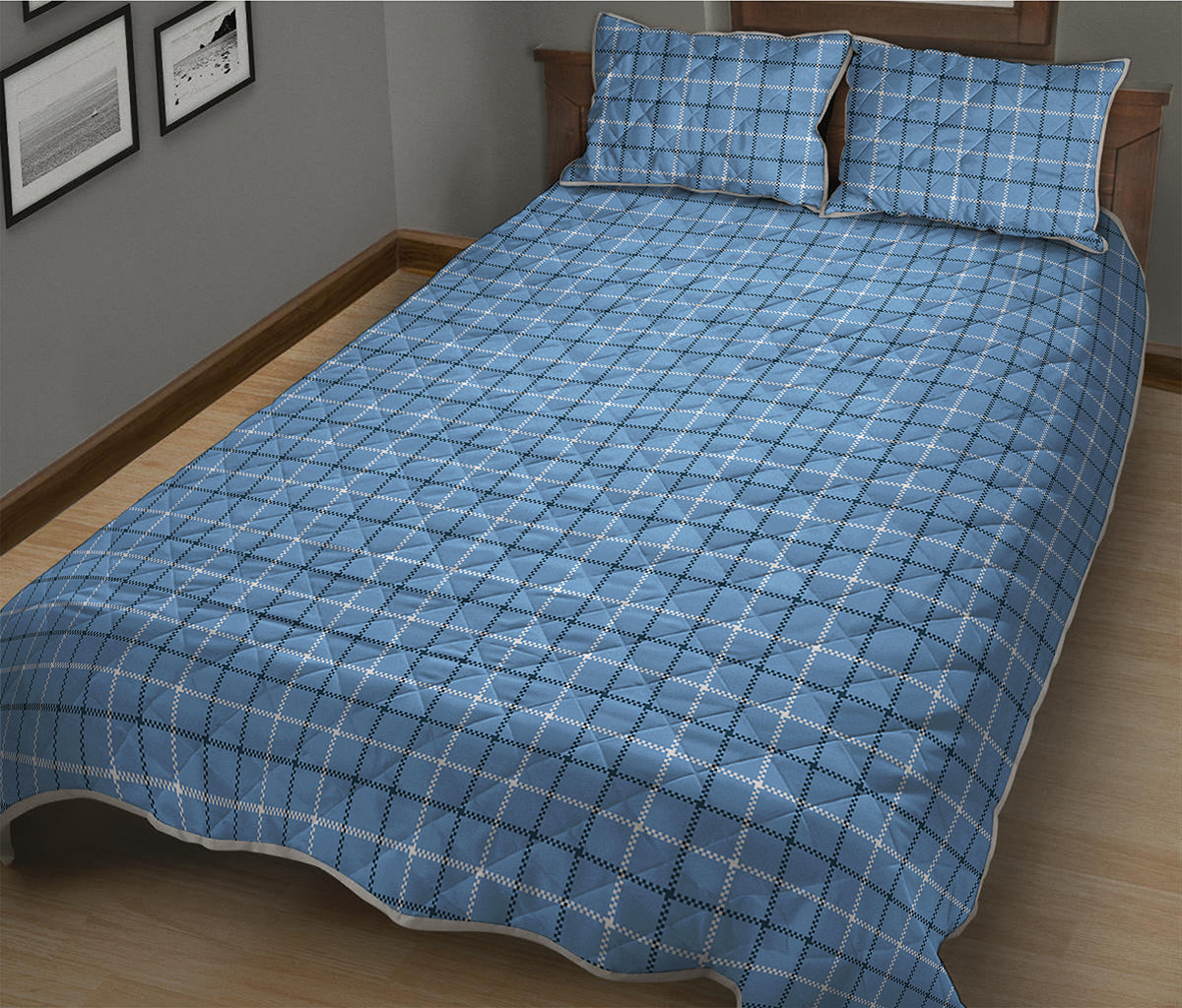 Solf Blue Tattersall Pattern Print Quilt Bed Set