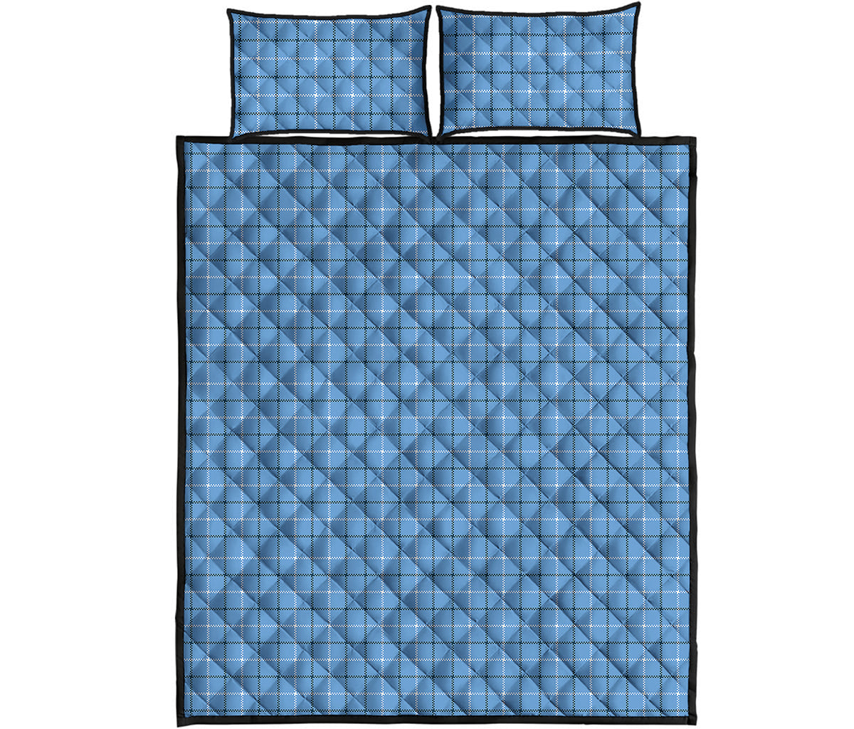Solf Blue Tattersall Pattern Print Quilt Bed Set