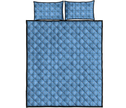 Solf Blue Tattersall Pattern Print Quilt Bed Set