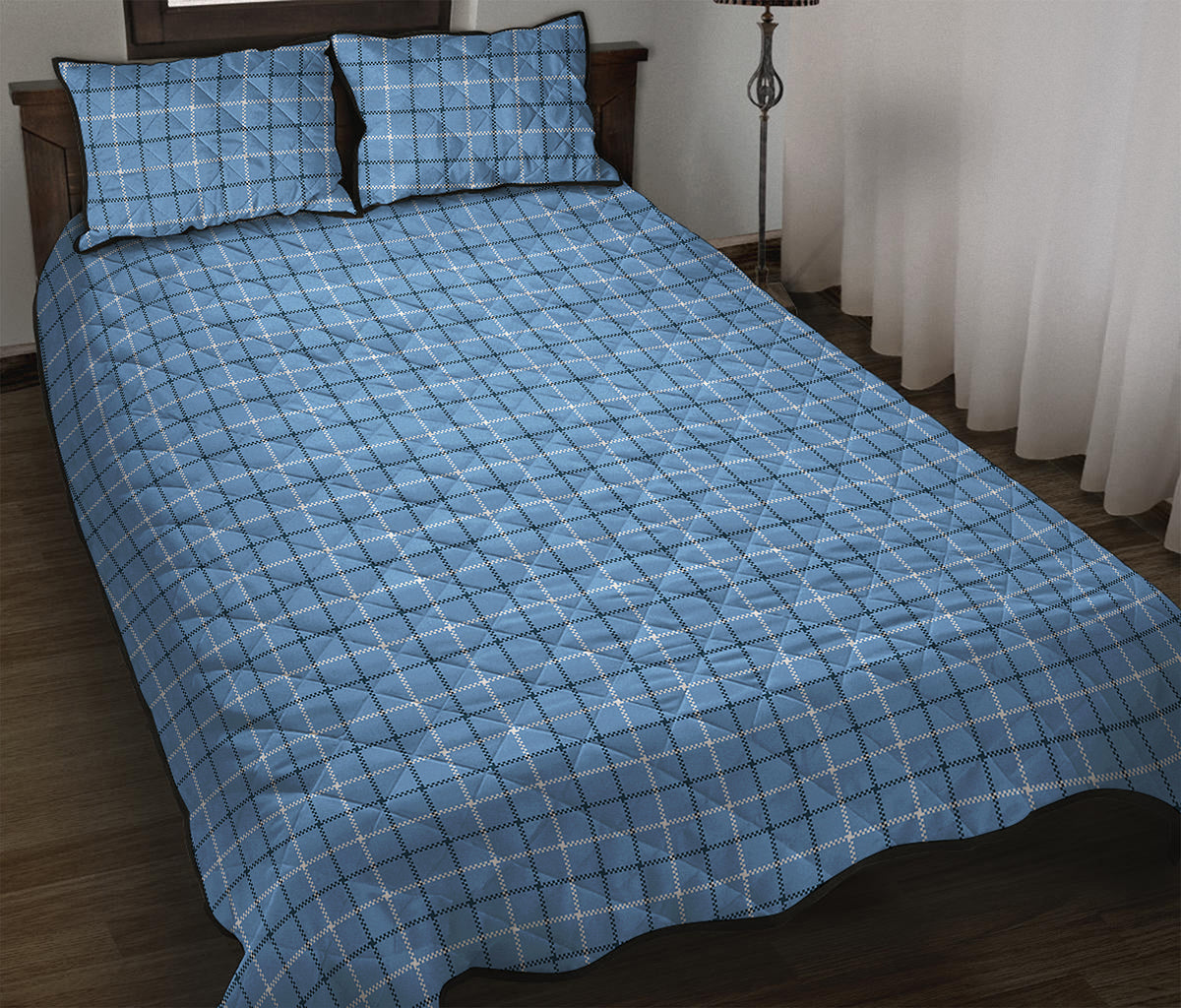 Solf Blue Tattersall Pattern Print Quilt Bed Set