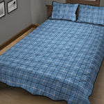 Solf Blue Tattersall Pattern Print Quilt Bed Set