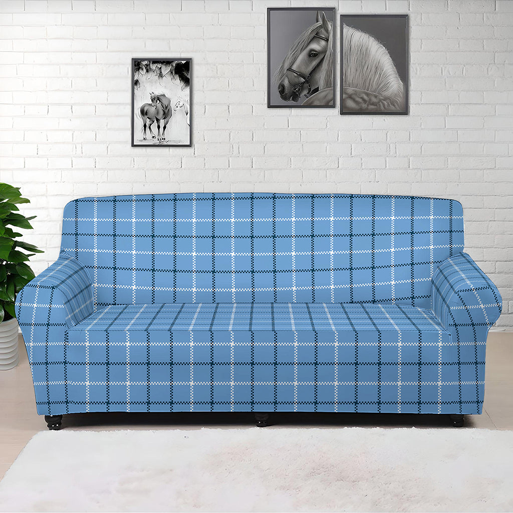 Solf Blue Tattersall Pattern Print Sofa Cover