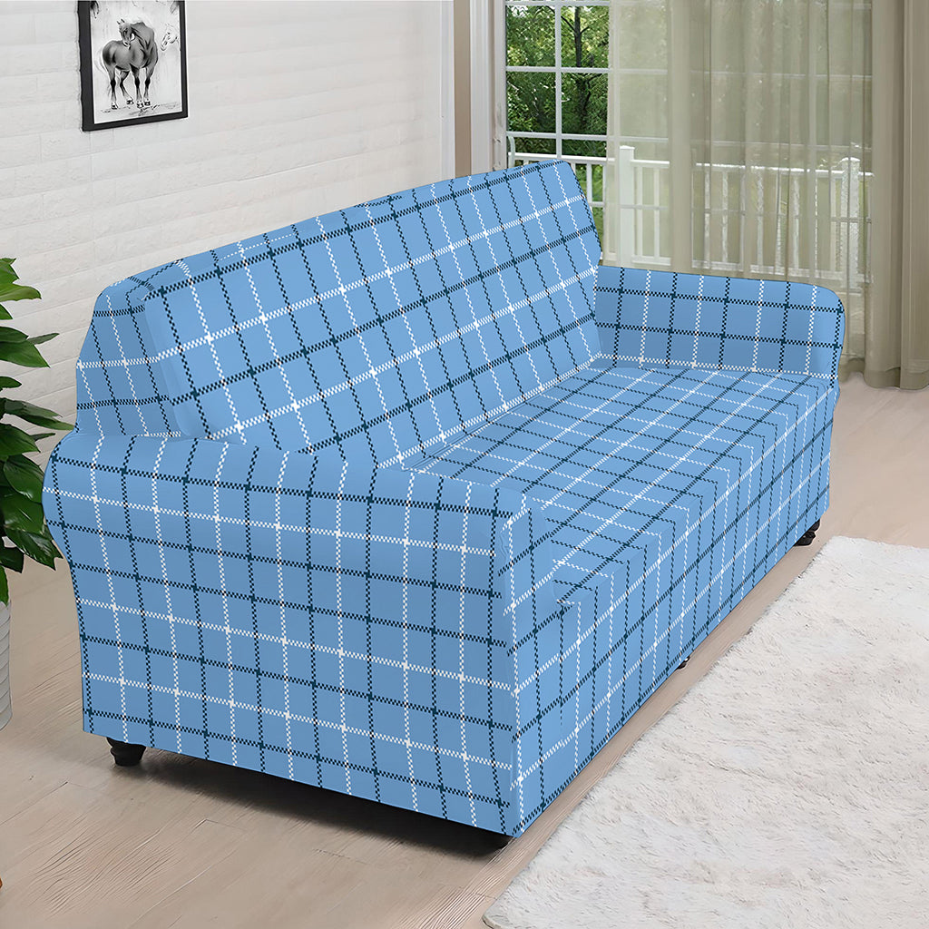 Solf Blue Tattersall Pattern Print Sofa Cover