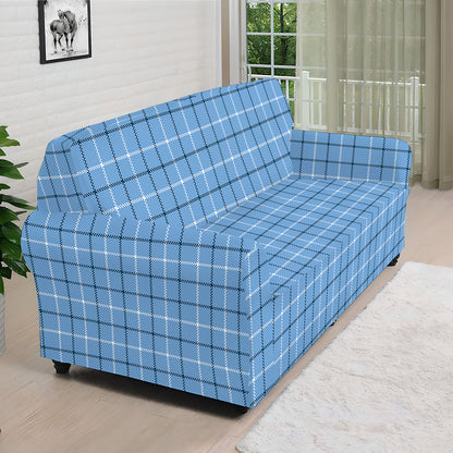 Solf Blue Tattersall Pattern Print Sofa Cover