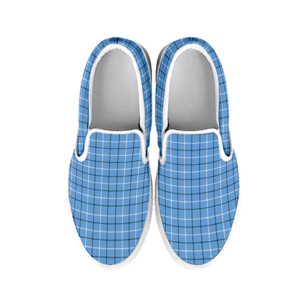 Solf Blue Tattersall Pattern Print White Slip On Shoes