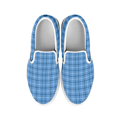 Solf Blue Tattersall Pattern Print White Slip On Shoes