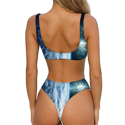 Space And Earth Print Front Bow Tie Bikini