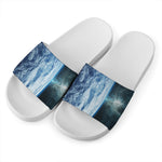 Space And Earth Print White Slide Sandals