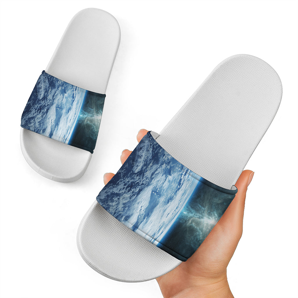 Space And Earth Print White Slide Sandals