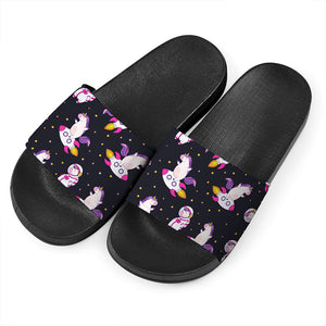 Space Astronaut Unicorn Pattern Print Black Slide Sandals