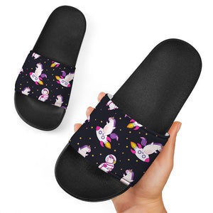 Space Astronaut Unicorn Pattern Print Black Slide Sandals