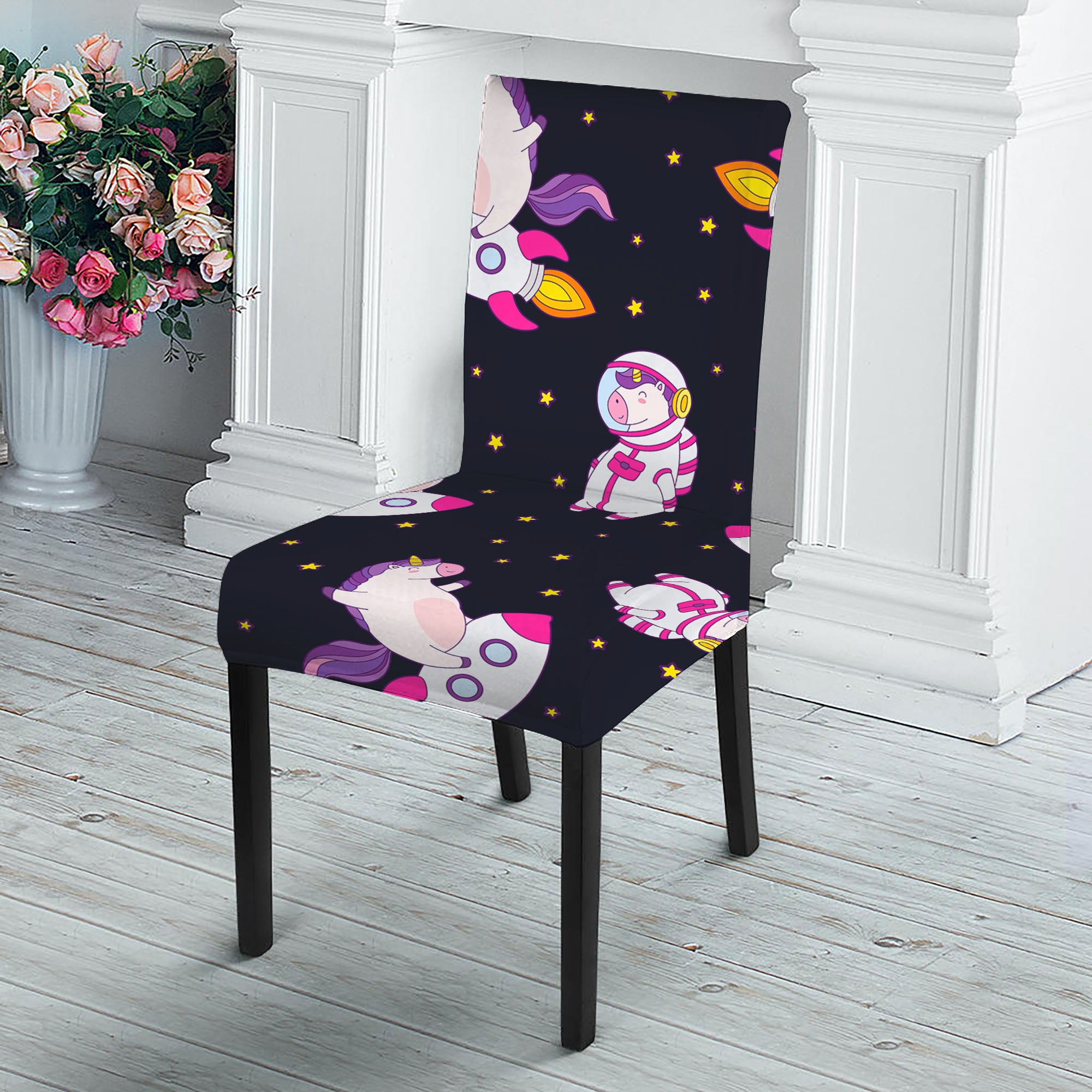 Space Astronaut Unicorn Pattern Print Dining Chair Slipcover