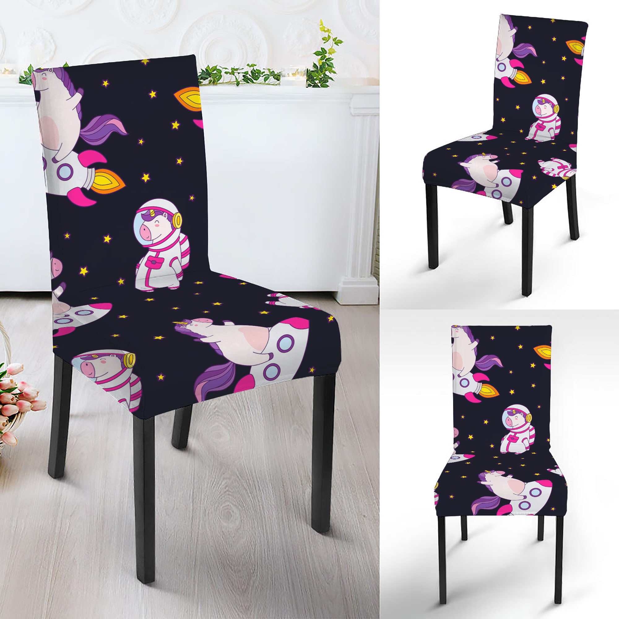 Space Astronaut Unicorn Pattern Print Dining Chair Slipcover