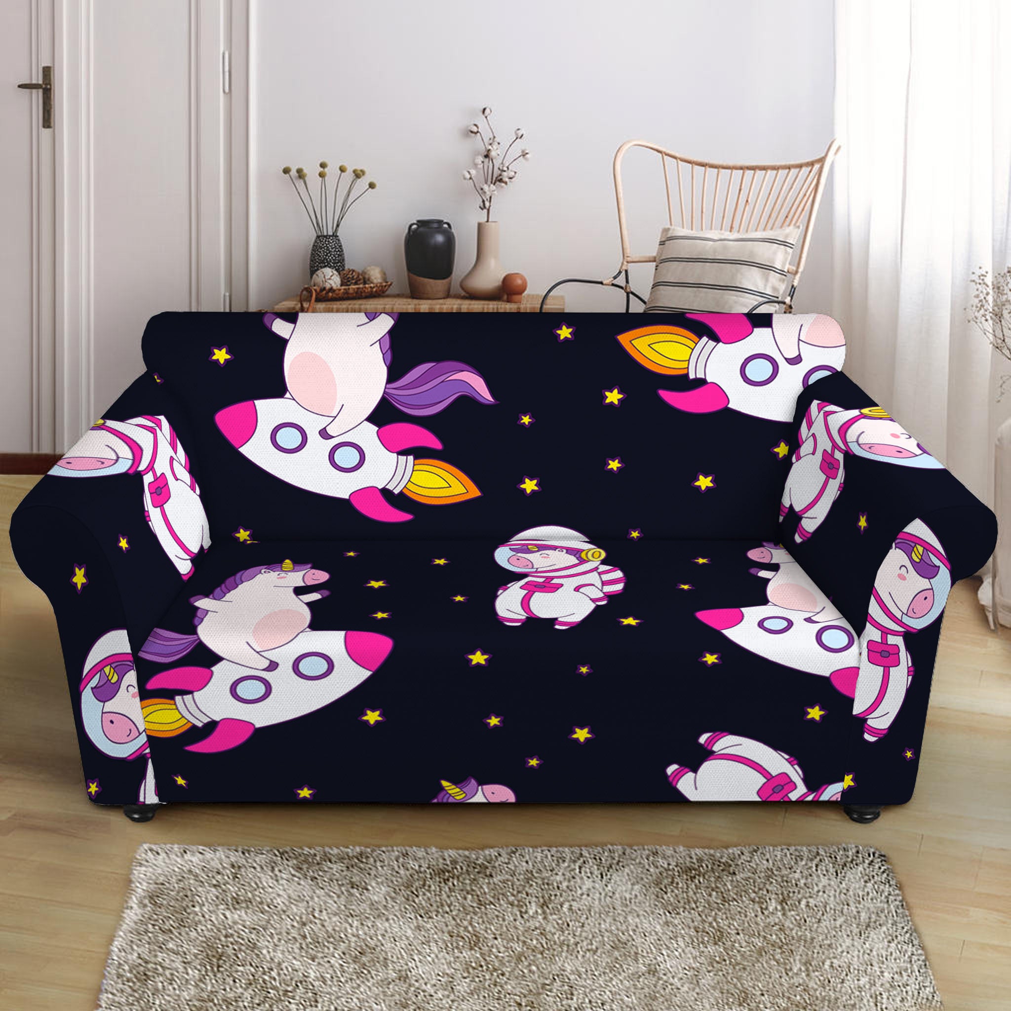 Space Astronaut Unicorn Pattern Print Loveseat Slipcover