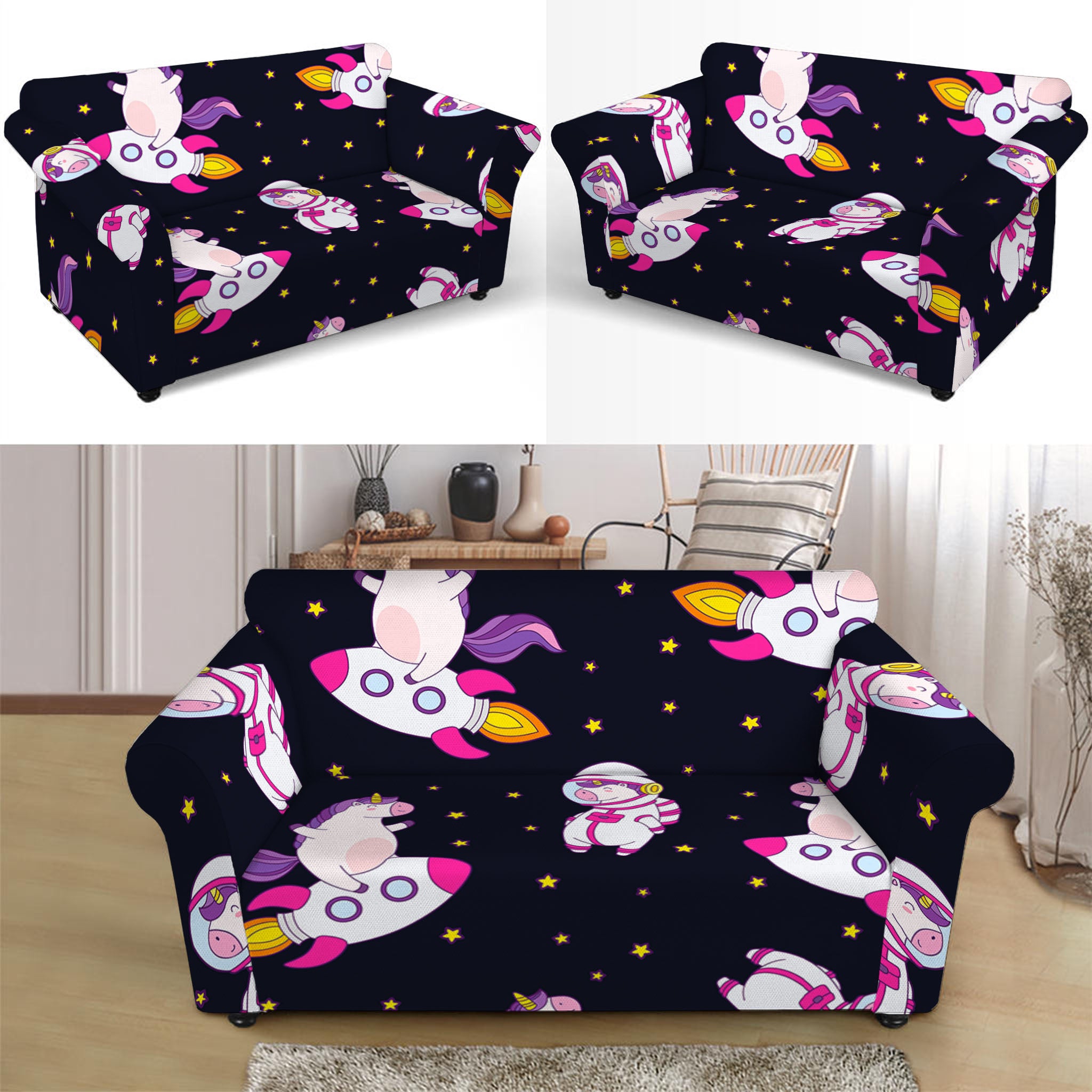 Space Astronaut Unicorn Pattern Print Loveseat Slipcover