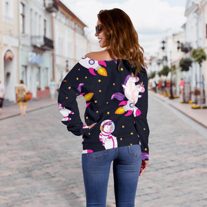 Space Astronaut Unicorn Pattern Print Off Shoulder Sweatshirt GearFrost