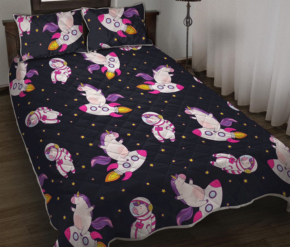 Space Astronaut Unicorn Pattern Print Quilt Bed Set