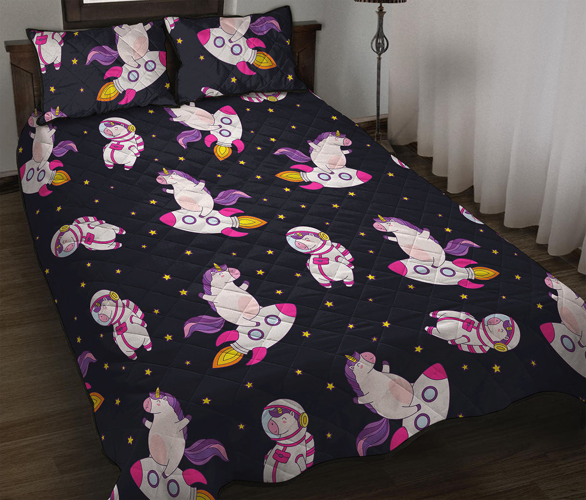 Space Astronaut Unicorn Pattern Print Quilt Bed Set