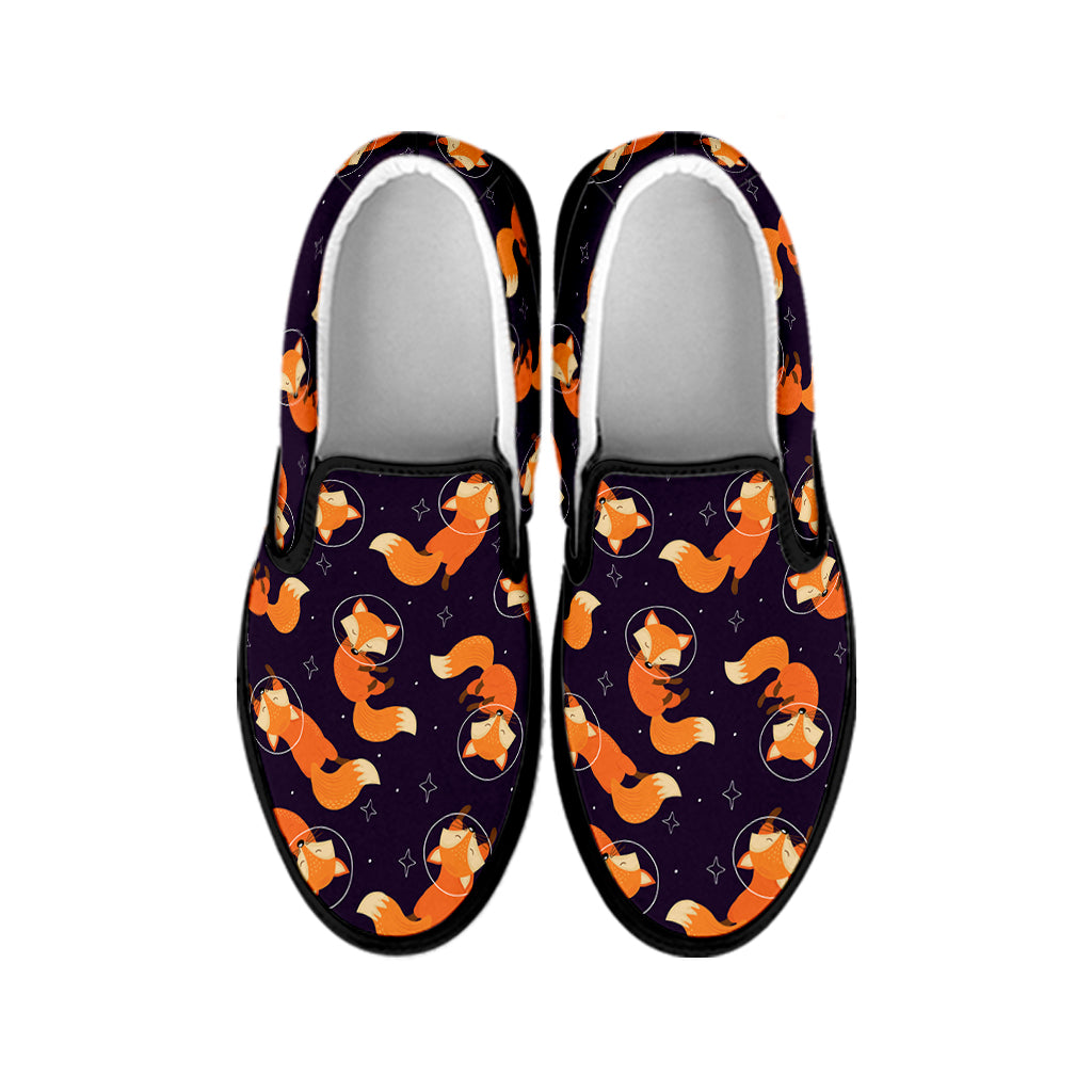 Space Fox Pattern Print Black Slip On Shoes