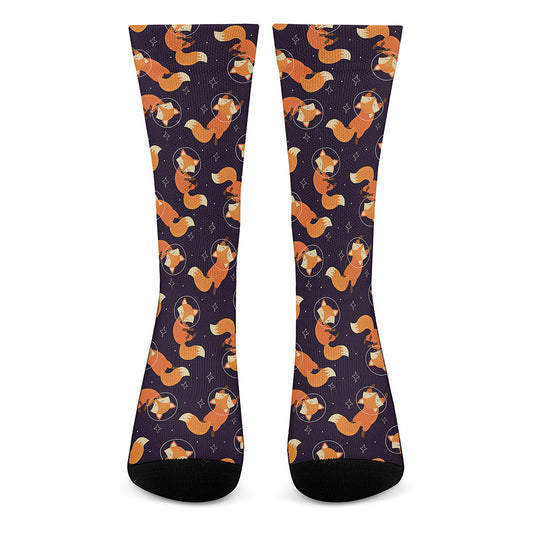 Space Fox Pattern Print Crew Socks