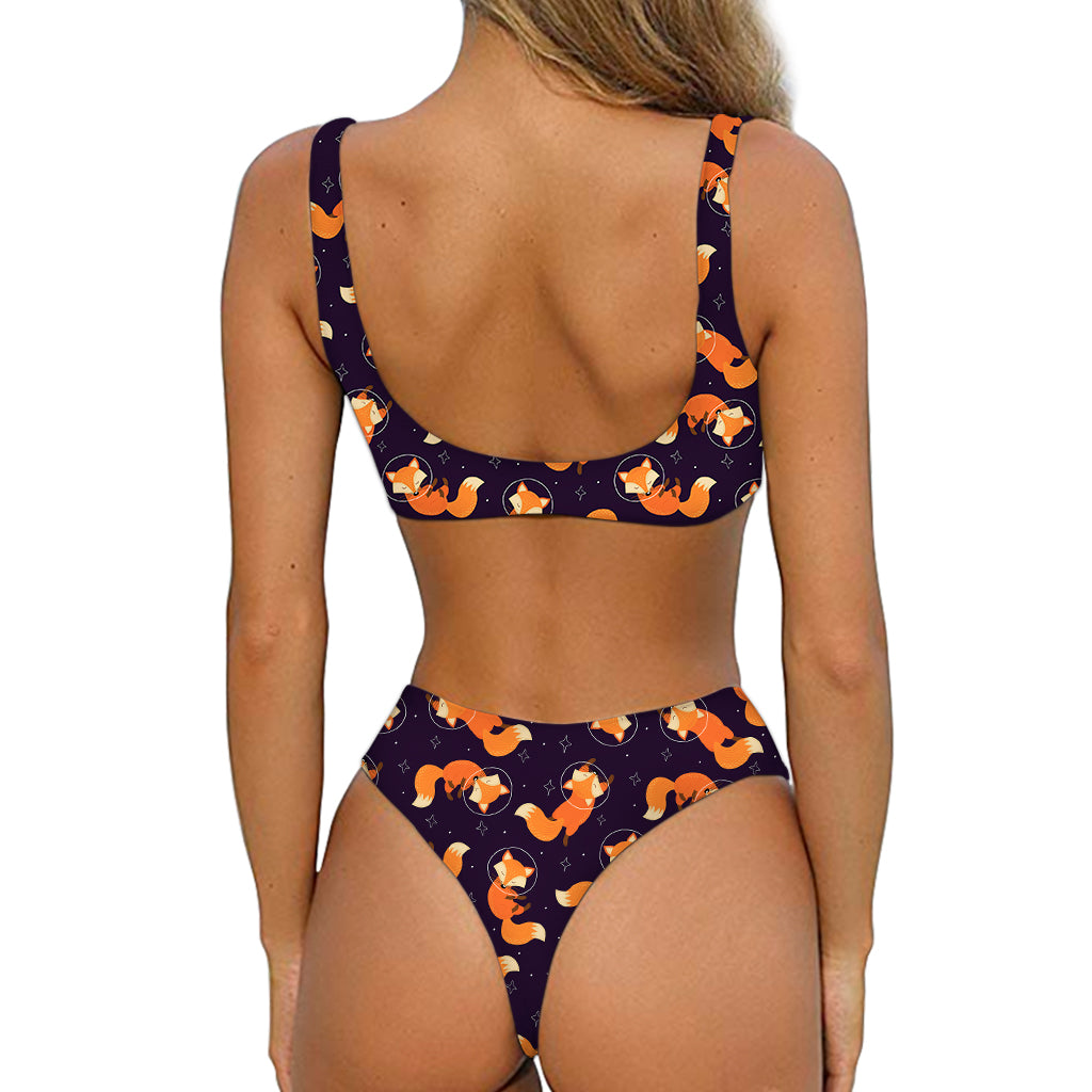 Space Fox Pattern Print Front Bow Tie Bikini
