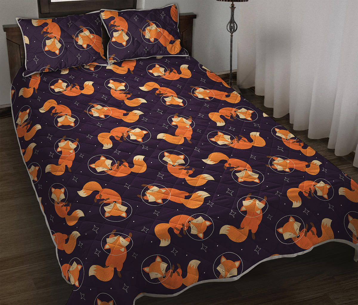 Space Fox Pattern Print Quilt Bed Set