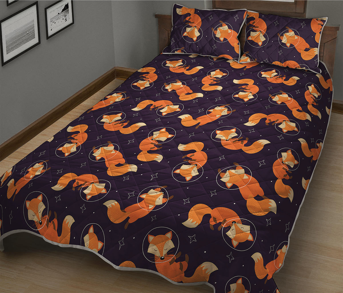 Space Fox Pattern Print Quilt Bed Set