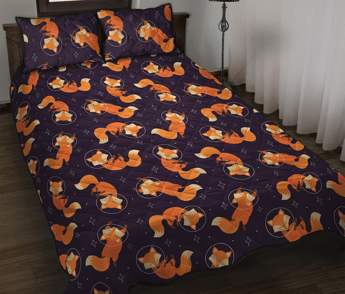 Space Fox Pattern Print Quilt Bed Set