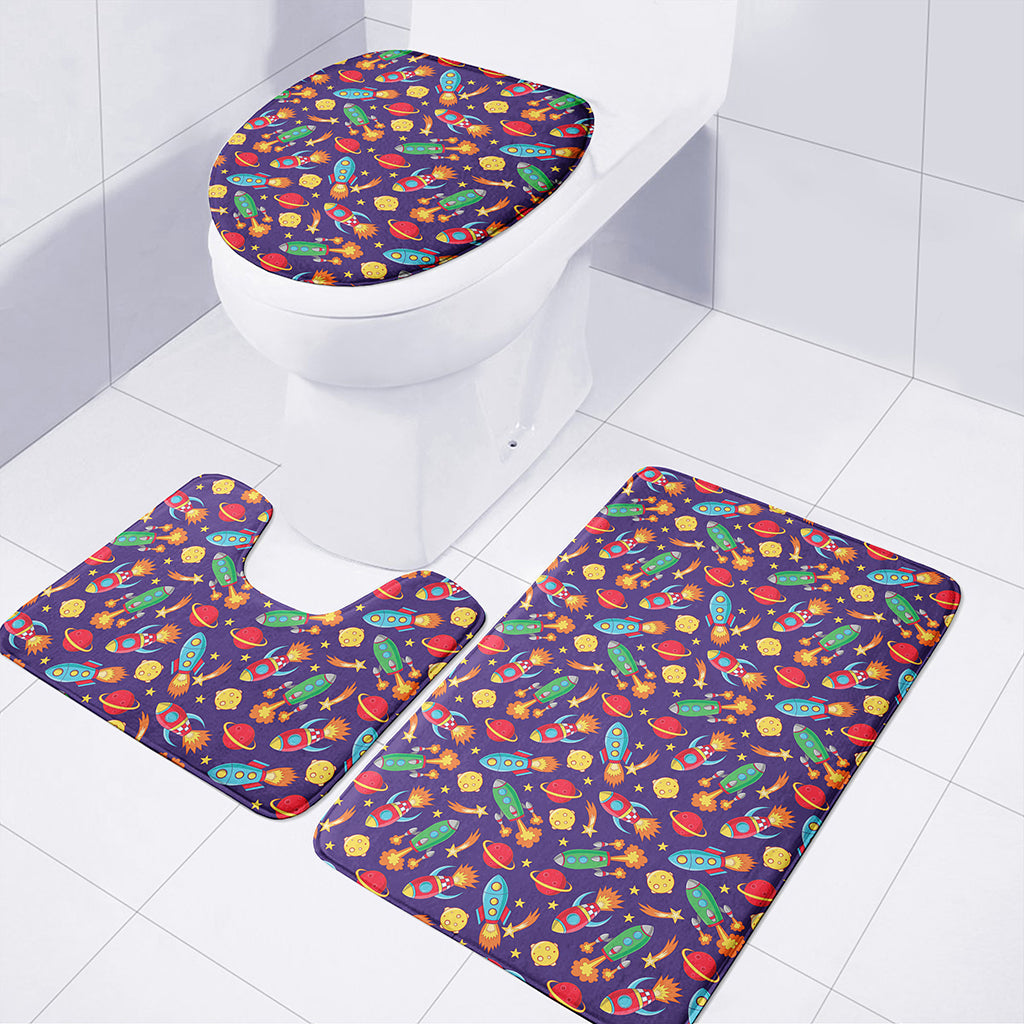 Space Rockets Pattern Print 3 Piece Bath Mat Set