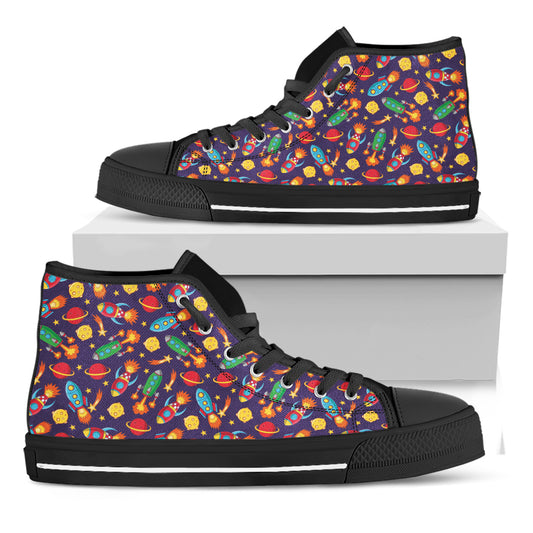 Space Rockets Pattern Print Black High Top Shoes