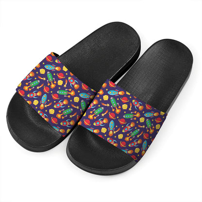 Space Rockets Pattern Print Black Slide Sandals