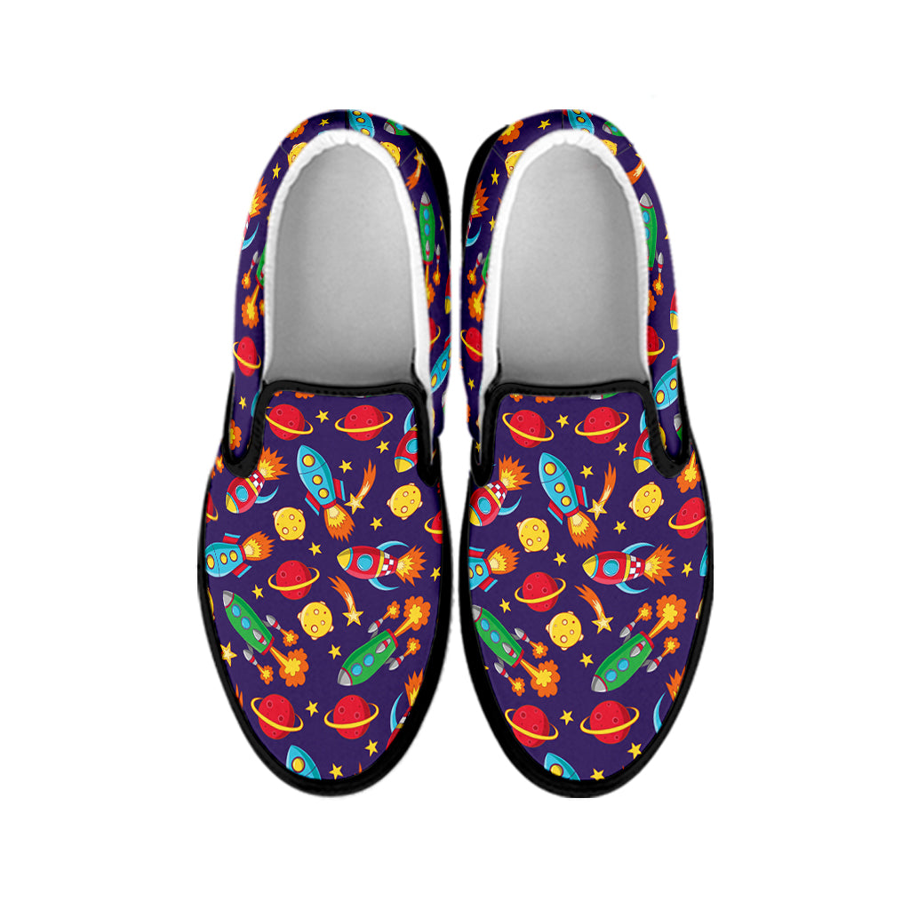 Space Rockets Pattern Print Black Slip On Shoes