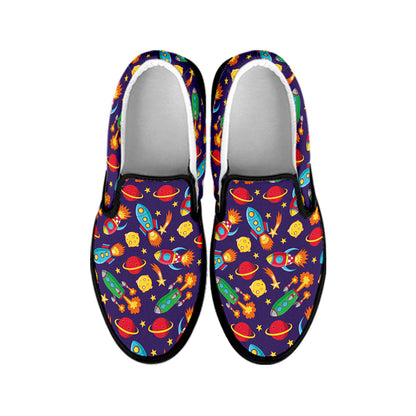 Space Rockets Pattern Print Black Slip On Shoes