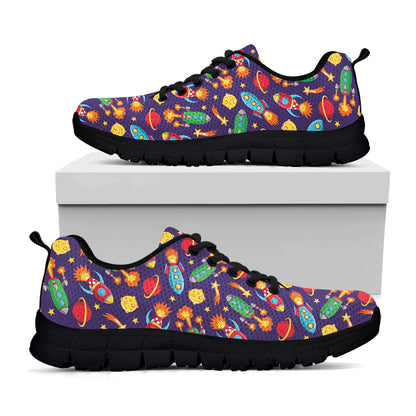 Space Rockets Pattern Print Black Sneakers