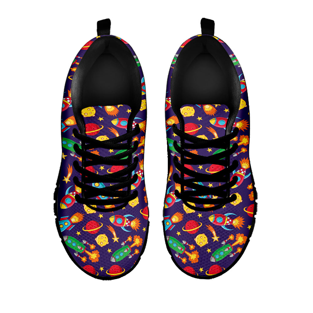 Space Rockets Pattern Print Black Sneakers