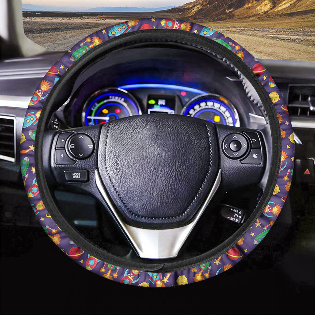 Space Rockets Pattern Print Car Steering Wheel Cover