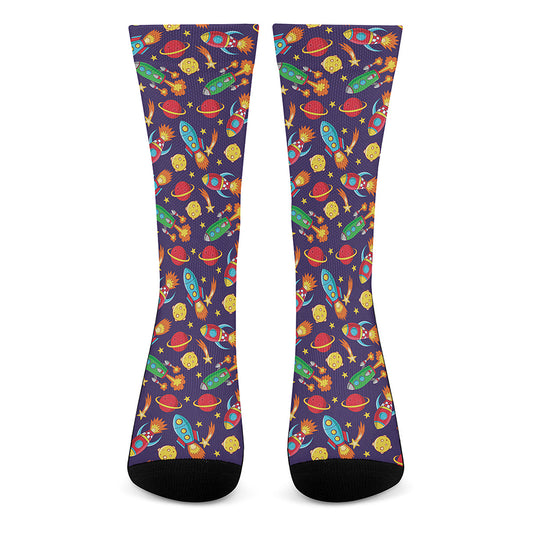 Space Rockets Pattern Print Crew Socks