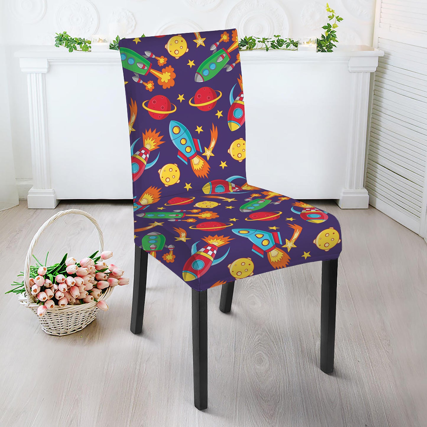 Space Rockets Pattern Print Dining Chair Slipcover