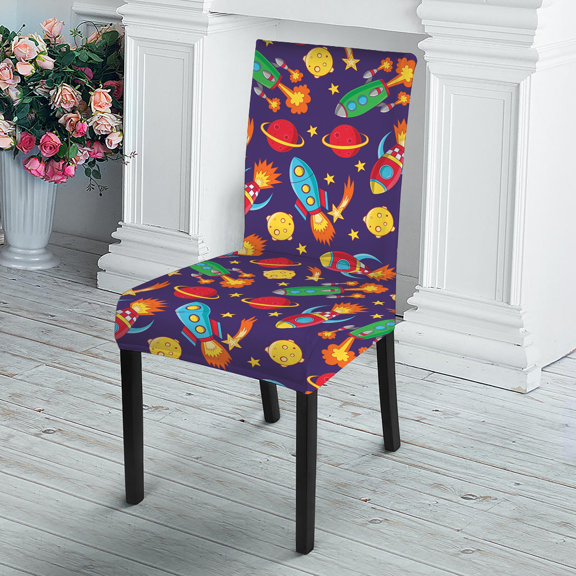 Space Rockets Pattern Print Dining Chair Slipcover