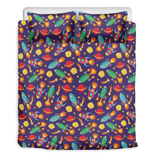 Space Rockets Pattern Print Duvet Cover Bedding Set