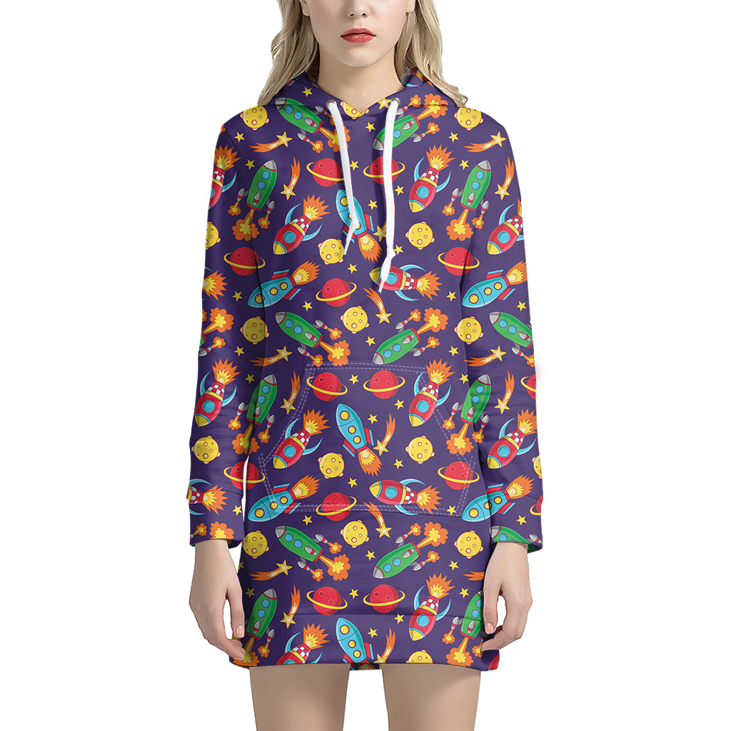 Space Rockets Pattern Print Hoodie Dress