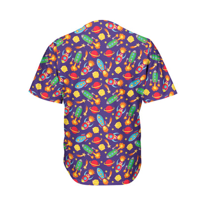 Space Rockets Pattern Print Men's Baseball Jersey