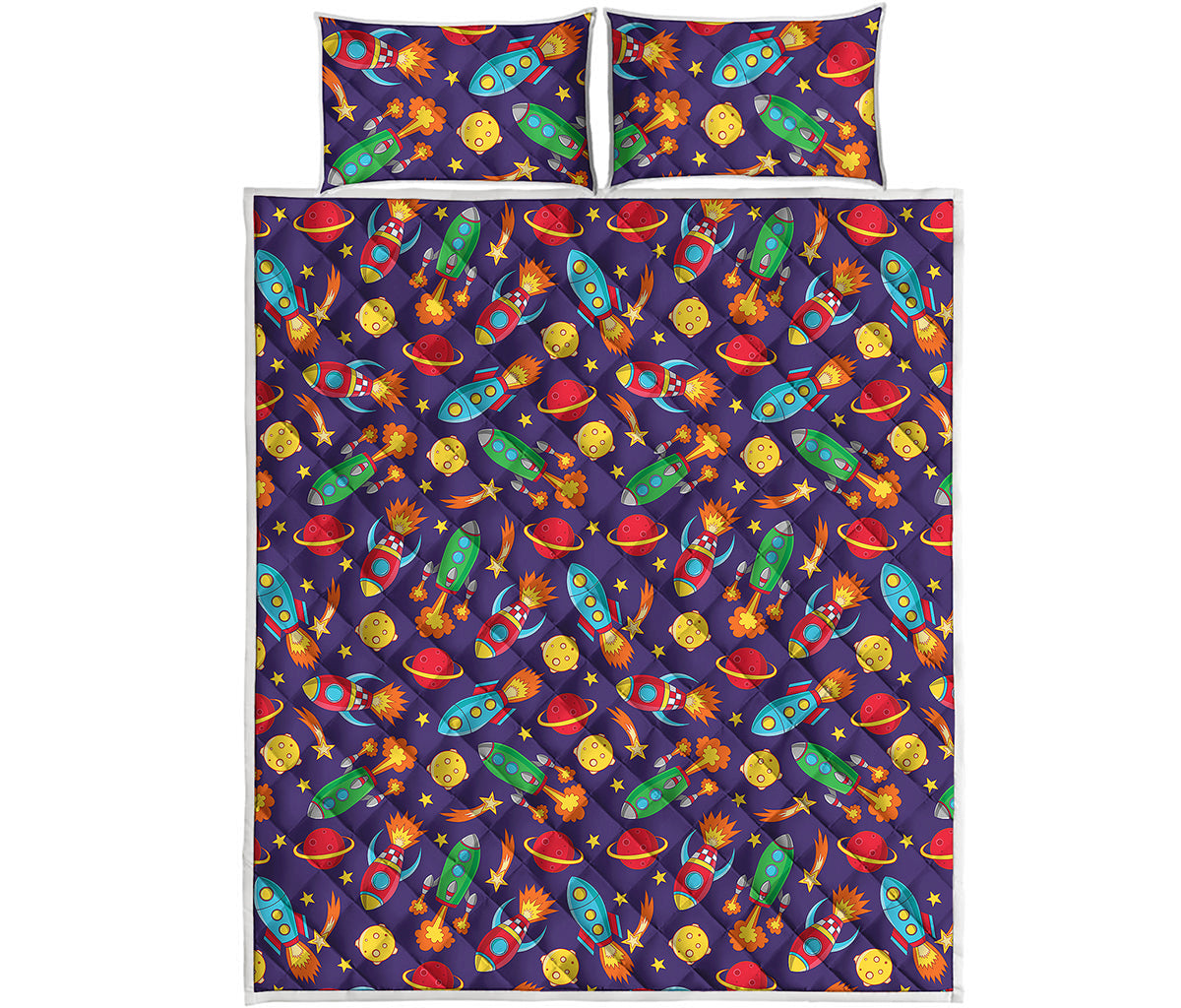 Space Rockets Pattern Print Quilt Bed Set