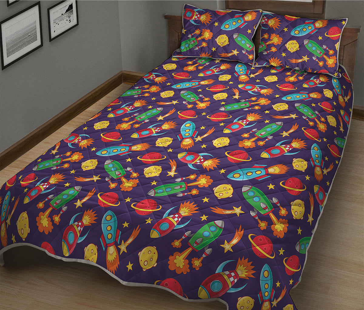 Space Rockets Pattern Print Quilt Bed Set