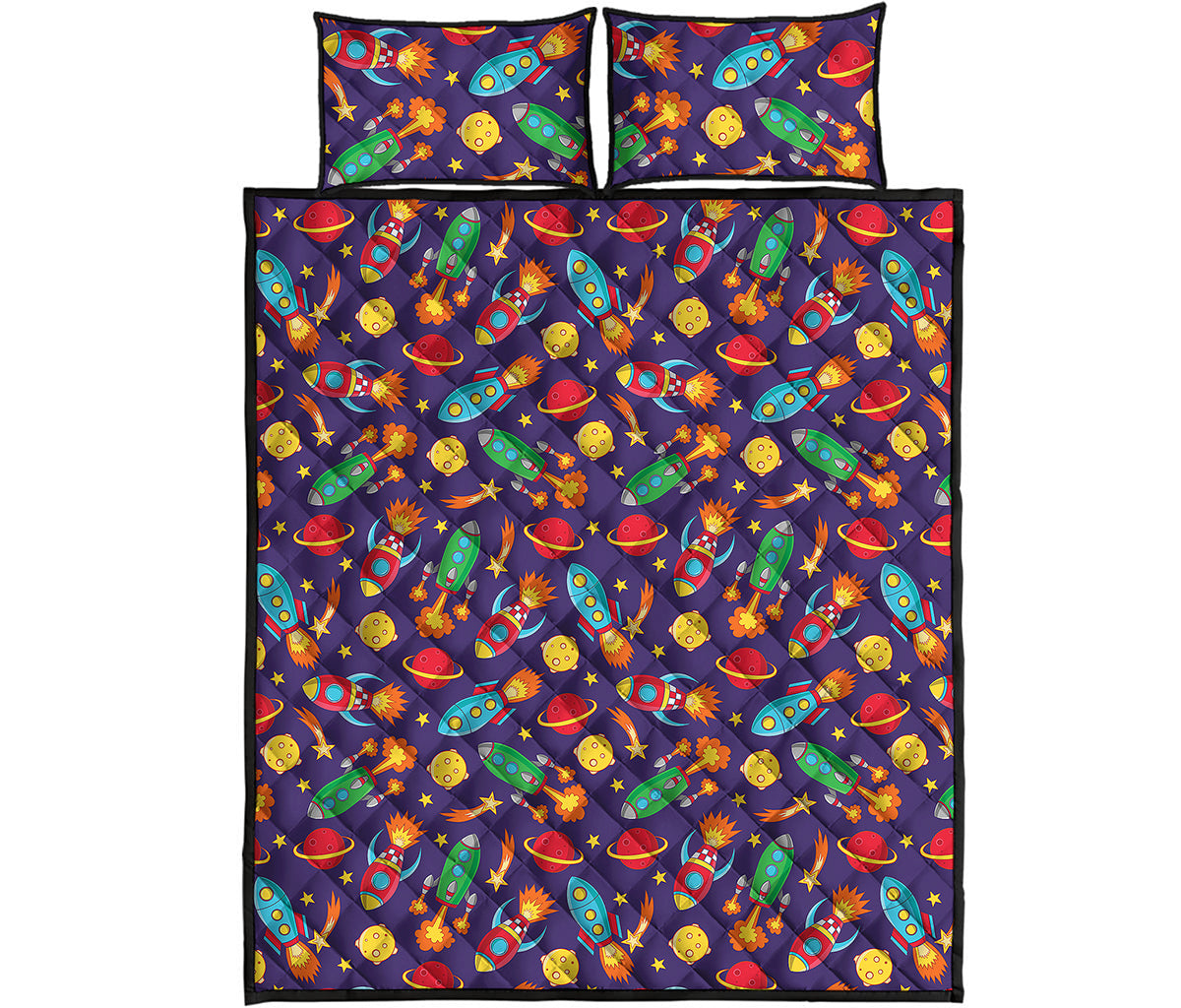 Space Rockets Pattern Print Quilt Bed Set