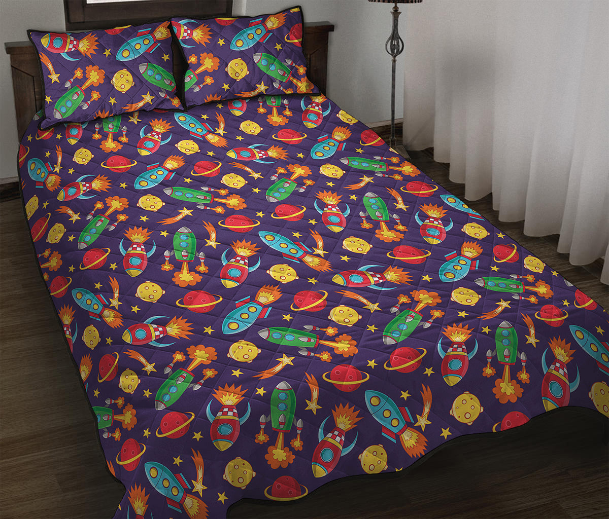 Space Rockets Pattern Print Quilt Bed Set