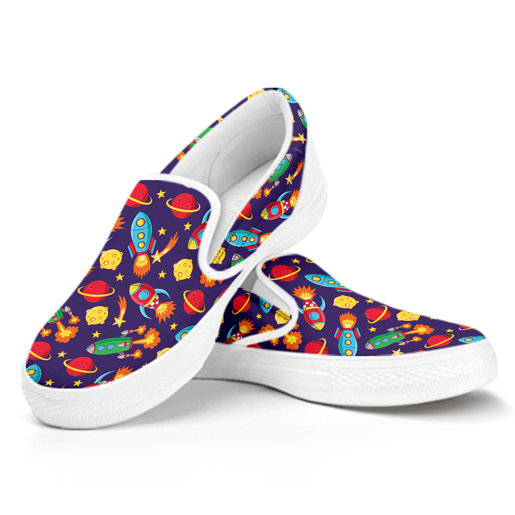 Space Rockets Pattern Print White Slip On Shoes