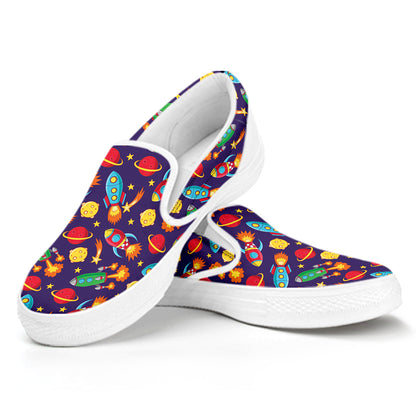 Space Rockets Pattern Print White Slip On Shoes