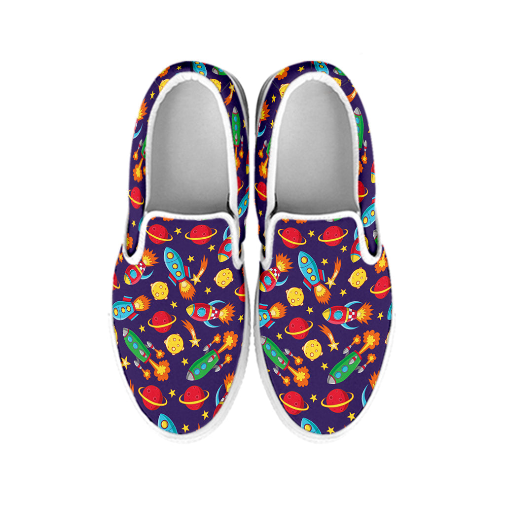 Space Rockets Pattern Print White Slip On Shoes